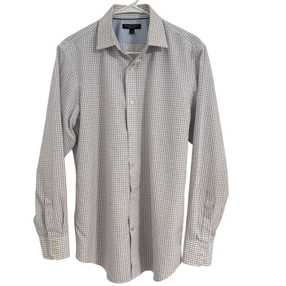 Banana Republic Men's MEDIUM Checkered Dress Shirt Non-Iron Slim Fit Blue white